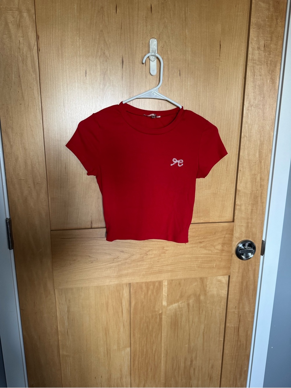 Women's Red Cropped Tee with Bow Accent